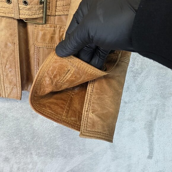 Zara Basic Jacket Womens Small Brown Leather Belted Safari Military Snap Pockets - Picture 5 of 13